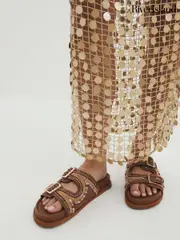 River Island Brown Embellished Footbed Sandals (W32367) | $86