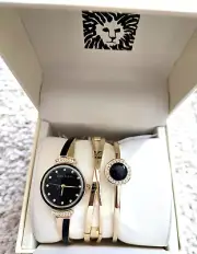Anne Klein Women's Black & Gold Accented Watch and Bangle Set AK/3292-BKST - NIB