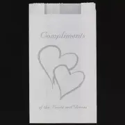 100 White Wedding twin silver heart paper cake bag compliment bride groom print