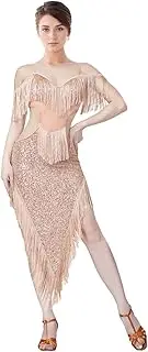 [Jormino] Sequin Fringe Latin Dance Dress, Mesh & Glitter Salsa Dresses for Women, Shimmery Party Skirts, Champagne, X-Small