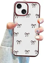 Jusy Compatible with iPhone 13 Mini Bow Phone Case, Cute Clear Wine Red Ribbon Bowknot Pattern Aesthetic Soft TPU Transparent Cases Full Camera Protective Phone Cover for Women Girly - Wine Red