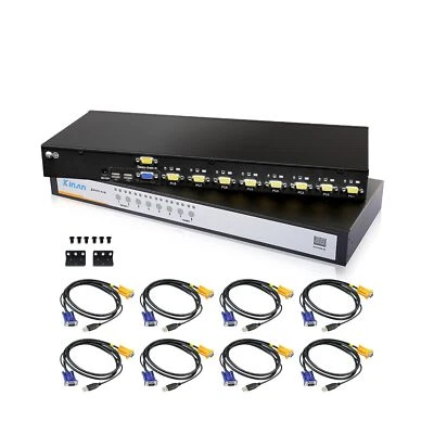 1U Rack Mount 8 Port USB VGA KVM Switch with 8 USB VGA Cables - 2048 x 1536 D...