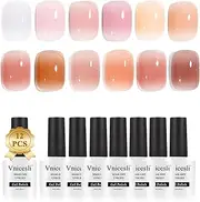 Vnicesli Icy Jelly Gel Nail Polish Set, 12 Colors Nude Gel Polish Kit Transparent Milky White Sheer Light Pink Nude Nail Polish Soak Off Translucent Nail Polish French Manicure Nail Varnish Home Salon