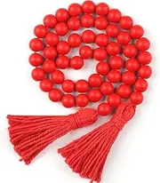 Wood Beads Garland With Tassels, Chinese New Year Decorations, Farmhouse Rustic Prayer Beads for Boho Home Decor (Red)