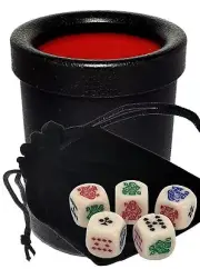 16mm Poker Dice Ivory Tone Rounded Corners w/Pouch + Premium Dice Cup Bundle Set