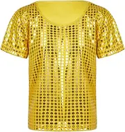 [FEESHOW] Boys Shiny Tops Dance Shirt with Sequins Sparkly Dancing Shirt Stage Performance Dancewear