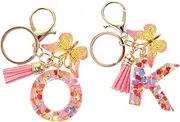 [WESIEVYA] 2Pcs Decorative Alphabet Keyring Heart Glitter Tassel Pendant Keychain Practical Backpack Accessory for Women Stylish Key Decor for Keys and Bags