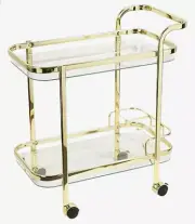 Elegant Drinks Trolley Bar Cart 2 Tier Glass Shelves Bottle Rack Glam Gold