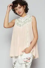POL Lace Detail Floral Sleeveless Rayon Gauze Top for Women