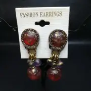 Vintage Jewelery Brown Gold Lucite Dangle Clip On Earrings KOREA. 8429