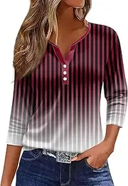 [Valtorixia] 3/4 Length Sleeve Women Henley V Neck Tops Casual Length Button Down Shirt Floral Print Blouses Plus Size Trendy Comfy Tees (color-b-12,Medium)