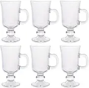 Set of 6 Irish Glass Coffee Mugs Footed Clear Durable Espresso Cups with Handles Clear Goblet Mugs Glasses for Coffee Latte Cappuccino Smoothie Hot Cold Beverages