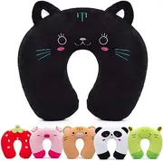 H HOMEWINS Travel Pillow for Kids Toddlers-Soft Neck Head Chin Support Pillow,Cute Animal,Comfortable in Any Sitting Position for Airplane,Car,Train,Machine Washable,Children Gift (Black cat)