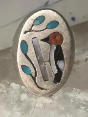 Woodpecker ring Native American turquoise leaves coral onyx size 11.50 sterling
