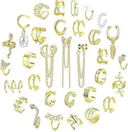 Kakonia 32Pcs Ear Cuff Earrings Set Clip On Wrap Earrings Non Piercing Cartilage Dangle Chain Earring Cuffs for Women Adjustable Snake Butterfly Ear Clip Fake Helix Wrap Ear Clip Earrings