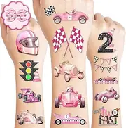 96 PCS Pink Race Car Pre-Cut Temporary Tattoos Birthday Party Decorations Supplies Favors Pink Two Fast One 1st Hot Checkered Decor Stickers Gifts For Boys Girls Classroom School Prizes Reward