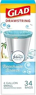 Glad Small Drawstring Trash Bags - 4 Gallon White Trash Bag, Febreze Beachside Breeze - 34 Count