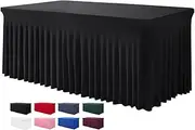 BDDC Table Skirts for Rectangle Tables 6ft - One-Piece Black Tablecloths and Skirt, Wrinkle Resistant Ruffles Elastic Cover for Banquets, Weddings, Events, Parties
