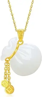 [ZHOU LIU FU] 24K Solid Gold Pendant for Women, Real Pure Gold White Nephrite Jade Jewelry Dainty Lucky Fortune Bag Pendant for Men Girlfriend (Not Include Necklace)