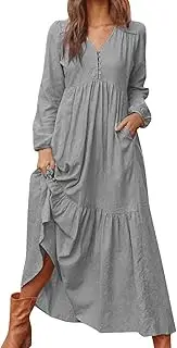 [Generic] Tee Dress Autumn Womens Button Cotton Retro Casual Long Sleeve Dress Women Casual