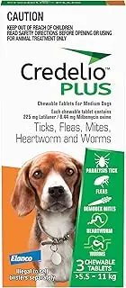 Credelio Plus Dog Flea and Tick Treatment, 3 Pack, Ticks, Fleas, Mites, Heartworm & Worms Parasite Protection, in The Smallest Monthly Chewable Tablet for Dogs > 5.5-11 kg, 3 Pack