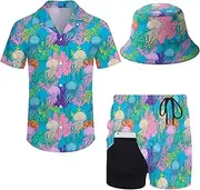 [Wdpsuxin] Mens 2 Piece Tracksuit Hawaiian Button Down Shirt and Compression Liner Shorts Sets with Bucket Hats
