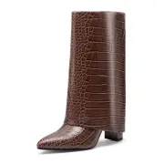 Vaslemuse Women's Mid-Calf Boots Fold Over Chunky Heel Pointed Toe Slouch. sz. 7