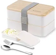 Original Bento Box Lunch Boxes Container Bundle Divider Japanese Style with Stainless Steel Utensils Spoon and Fork (White)