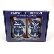 NIB Set of 2 Pabst Blue Ribbon 16oz Signature Glassware Barware Beer Can Shaped