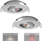 acegoo LED Recessed Spotlight 12 V Spot 2 W Motorhome 35° Beam Angle, 70° Swivelling for Caravan, Camper, Van Boat, Aluminium, 205 lm, 74 mm, Built-in Dimmer Switch and Red Light (Silver 5000K)