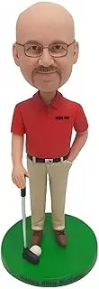 Custom Golf Bobblehead, Personalized Birthday Gift, Red Polo and Khaki Pants, Standing on Green Base, Office Decoration Based on Your Photo