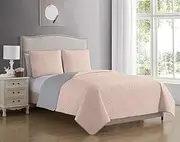 [Blissful Living] Reversible Luxury Pinsonic Solid Quilt Set Including Shams – Lightweight and Soft for All Year Round Comfort, (Blush/Grey, King)