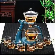 Aoheuo Kungfu Glass Tea Set Set with Heater Water Diversion Rotating Cover Bowl Lazy Semi-Automatic Glass Teapot (Blue)