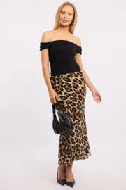 Brown Animal Print Slip Skirt High Rise Elastic Waist Maxi - Size 14L, Women's Maxi Skirt