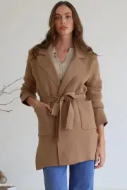 Onyx Cardigan - Lapel Collar Open Front Coatigan with Waist Tie in Taupe