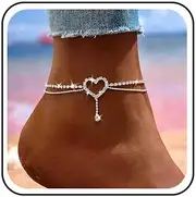 [Atentuyi] Boho Layered Wedding Sparkly Love Heart Rhinestone Anklet Bracelet Silver Dainty Cz Tennis Diamond Anklet Barefoot Sandals Mini Crystal Pendant Foot Chain Delicate Simple Summer Beach Wrist for Women