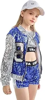 [LOLANTA] 4-Piece Girls Hip Hop Sequins Costume, Sparkly Graphic Jacket, Shiny Crop Tank Top, Metallic Shorts,4-15 Years