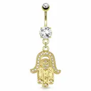 Hamsa CZ Paved Dangle 14kt Gold Plated Navel Ring