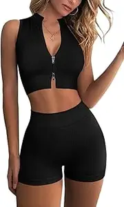 [Generic] Workout Sets for Women 2 Piece Ribbed Seamless Gym Yoga Sets for Women Zip Up Crop Tops Ribbed High Waist Booty Shorts Exercise Workout Outfits