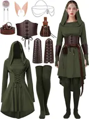 Morakot Women Renaissance Fairy Costumes Medieval Hooded Robe Lace Up Dress Accessories Traditional Set for Halloween Cosplay Dark Green Medium