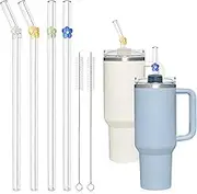 4Pcs Replacement Straws for Stanley Cup, Straw for Stanley 40 Oz 30 Oz Tumbler, 12'' Long Clear Cute Flower Glass Straws with Charms Shatter Resistant for Stanley Accessories with 2 Cleaning Brush