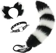 Cat Ears and Wolf Fox Animal Tail Cosplay Costume Faux Fur Hair Clip Headdress Halloween Leather Neck Chocker Set (Black&White)