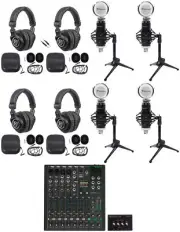 4-Person Podcast Podcasting Recording Kit w/Mackie ProFX10 v3+ Mixer+Desk Stands