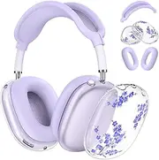 Silicone Case for AirPods Max Headphones,Clear Flower Soft TPU Ear Cups Cover,Ear Pad Case Cover,Headband Cover for AirPod Max(2020),Transparent Case for Apple AirPods Max USB-C(2024) for Women,Purple