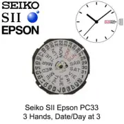Genuine Seiko SII Epson PC33 Watch Movement Japan 3 Hands, Date/Day at 3