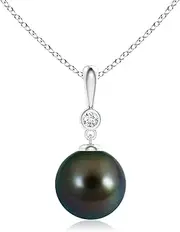 [Angara] Classic Tahitian Cultured Pearl Drop Pendant Necklace with Diamond in Sterling Silver/14ct Solid Gold for Women | June Birthstone Jewellery for Her