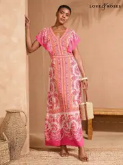 Love & Roses Ivory Petite Woodlock Printed V-Neck Flutter Sleeve Midi Dress (AW8879) | $157