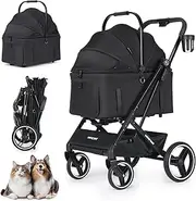BEBEROAD X3 2 in 1 Pet Stroller for Medium or Two Small Dogs & Cats 4 Wheels Lightweight Foldable Carrier Dog Stroller with Waterproof Weather Cover Cup Holder,Storage Basket(Black)
