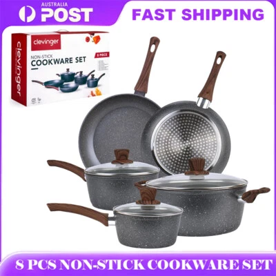 8PCS Non-Stick Frying Pan Cookware Set Frypan Saucepan Pot Cooking Clevinger