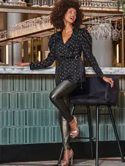 Sosandar Black Metallic Fleck Print Blouson Sleeve Wrap Satin Top (Q76468) | $127